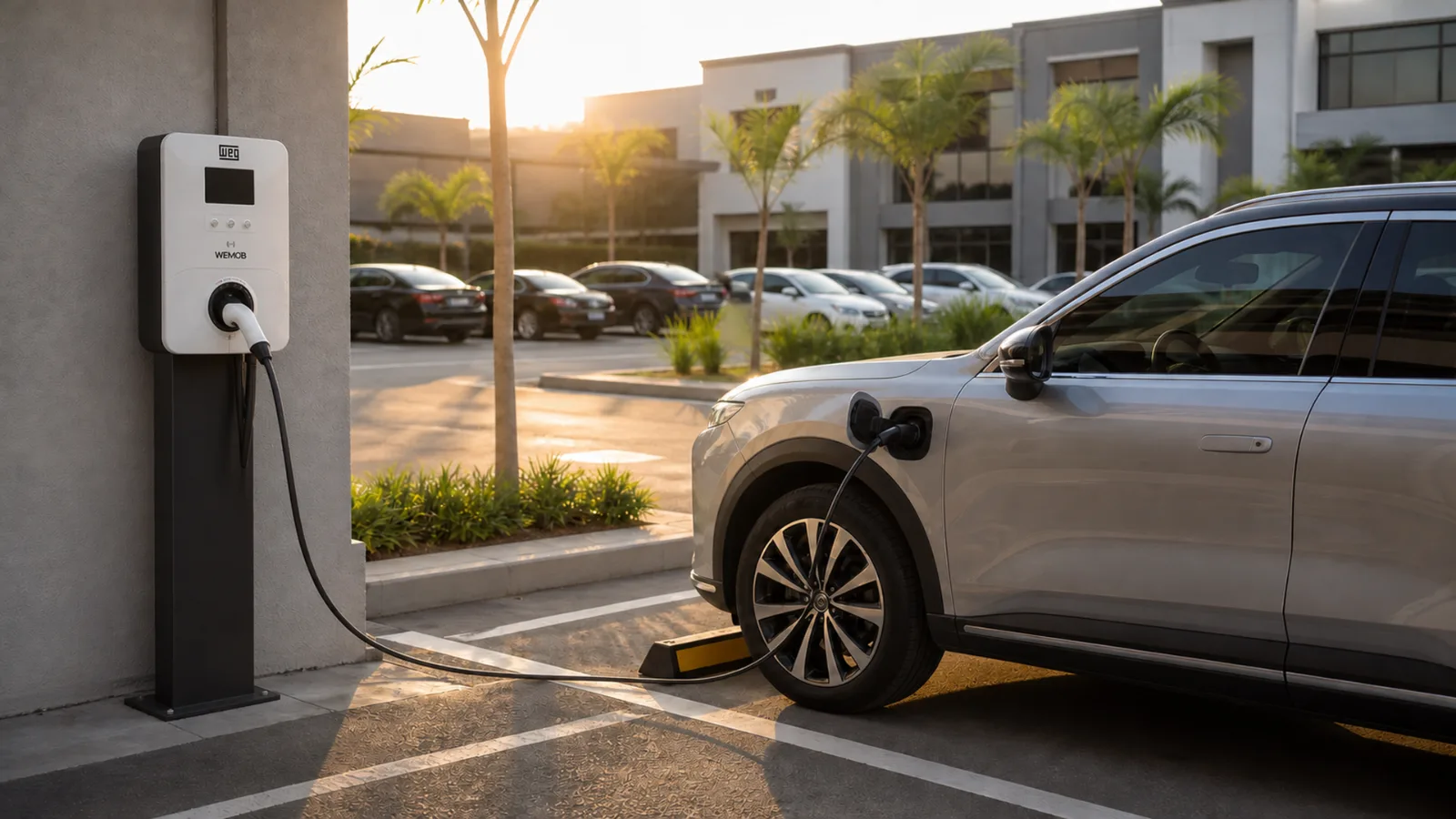 Carregador veicular instalado em estacionamento de condomínio ou empresa, ao lado de vaga sinalizada e veículo elétrico conectado.