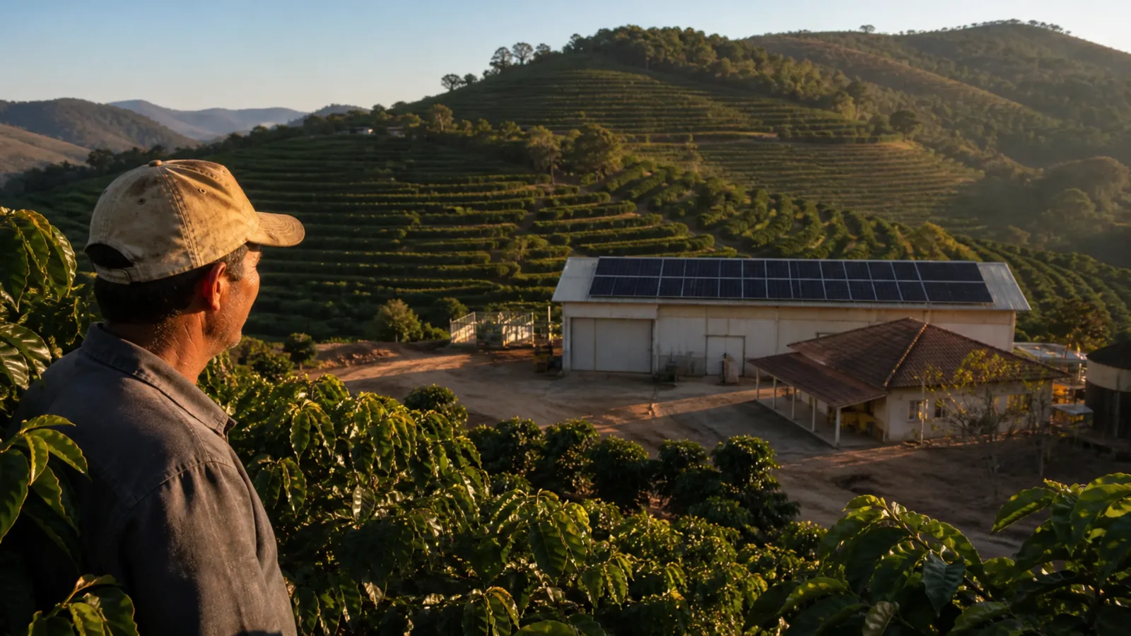 Produtor rural observando um galpão de secagem de café com sistema fotovoltaico no telhado, em uma lavoura de café em encosta de Minas Gerais.