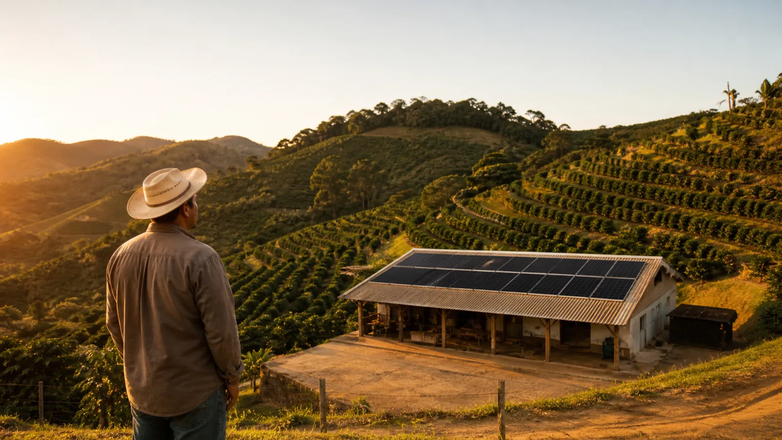 Produtor observando galpão de secagem de café com sistema fotovoltaico no telhado, em propriedade rural de montanha em Minas Gerais.