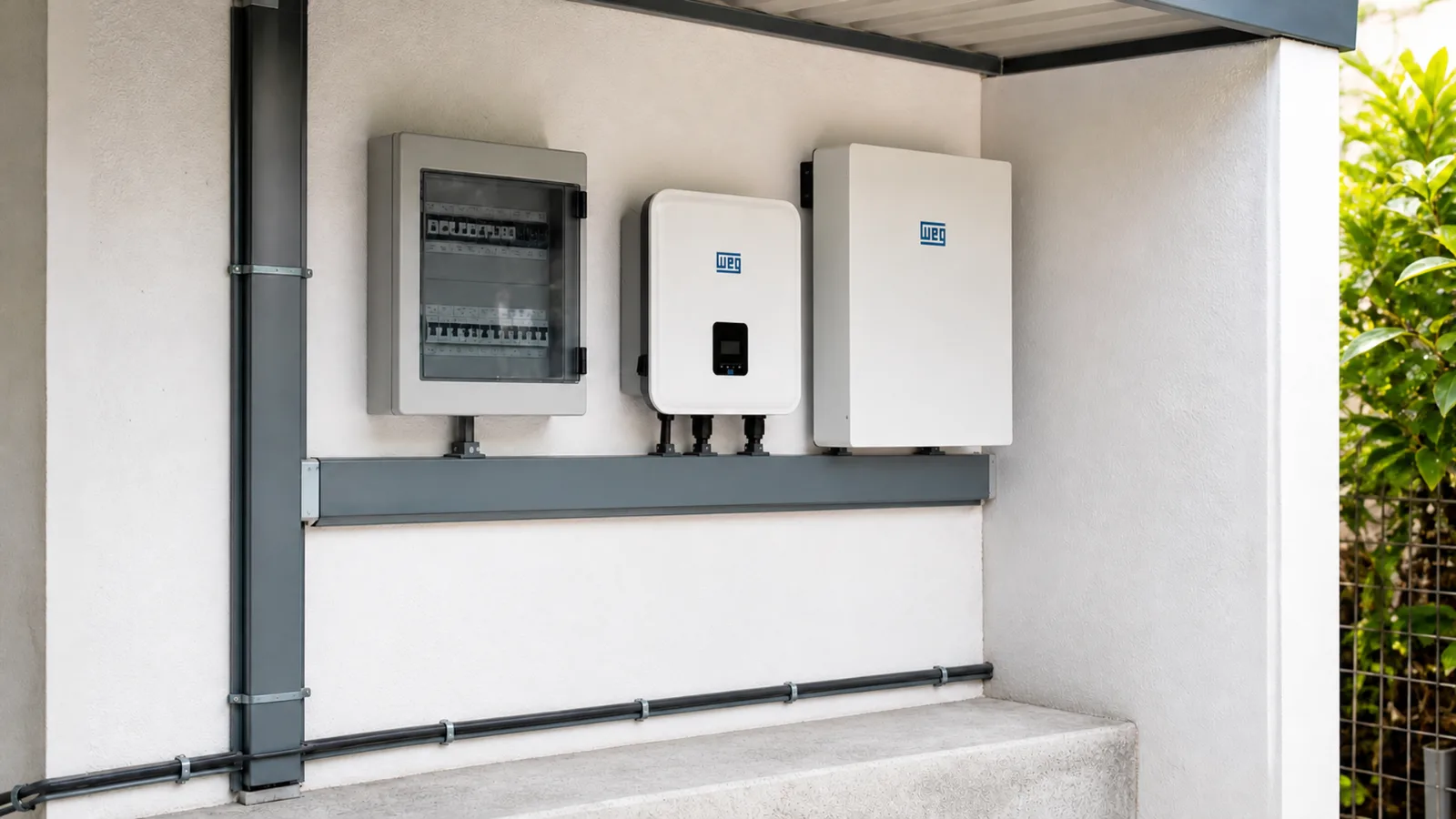 Quadro elétrico identificado para backup em uma instalação comercial, com equipamentos essenciais ao fundo.
