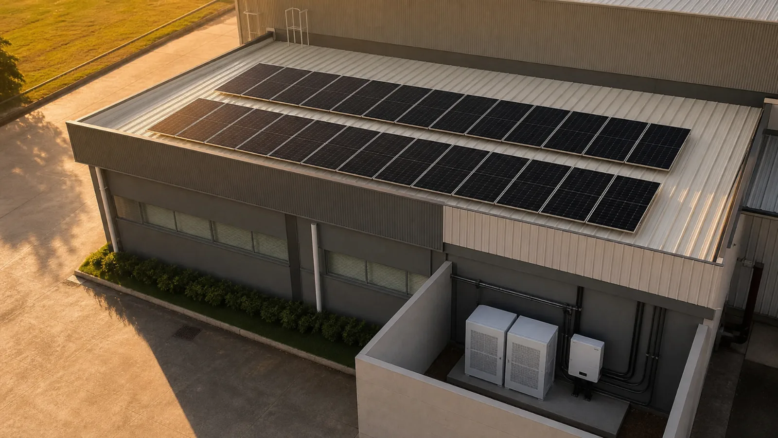Telhado empresarial com painéis solares e sistema de armazenamento de energia em baterias instalado em área técnica próxima ao prédio.