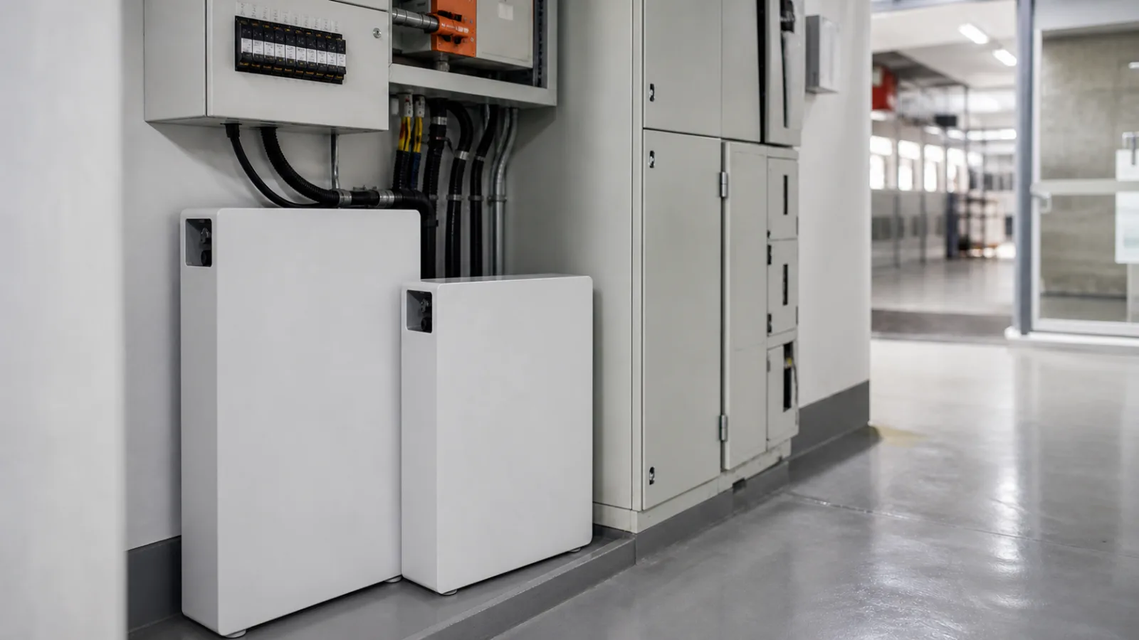 Sistema de baterias de backup instalado em área técnica de empresa, próximo a quadros elétricos e equipamentos de controle.
