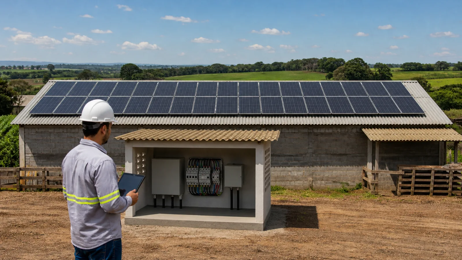 Profissional técnico avalia sistema de energia solar ao lado de equipamentos elétricos, representando a escolha de um integrador autorizado.