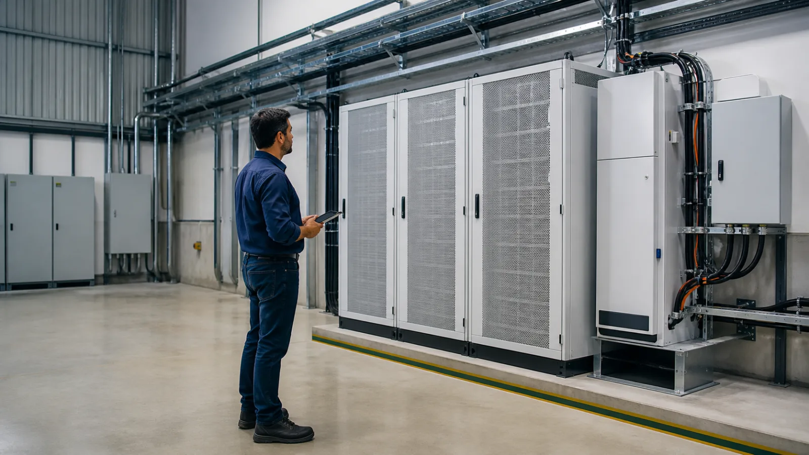 Gestor industrial observando um sistema de armazenamento de energia em baterias instalado em área técnica de uma indústria.