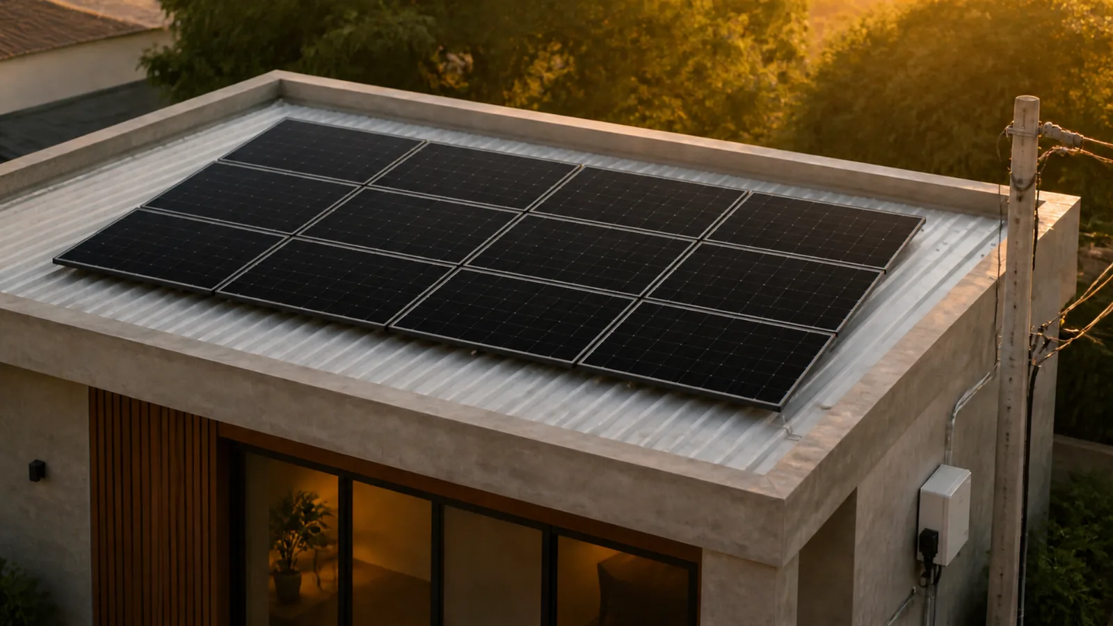 Sistema fotovoltaico em telhado comercial com medidor de energia e rede elétrica ao fundo, representando regras de compensação de energia solar.