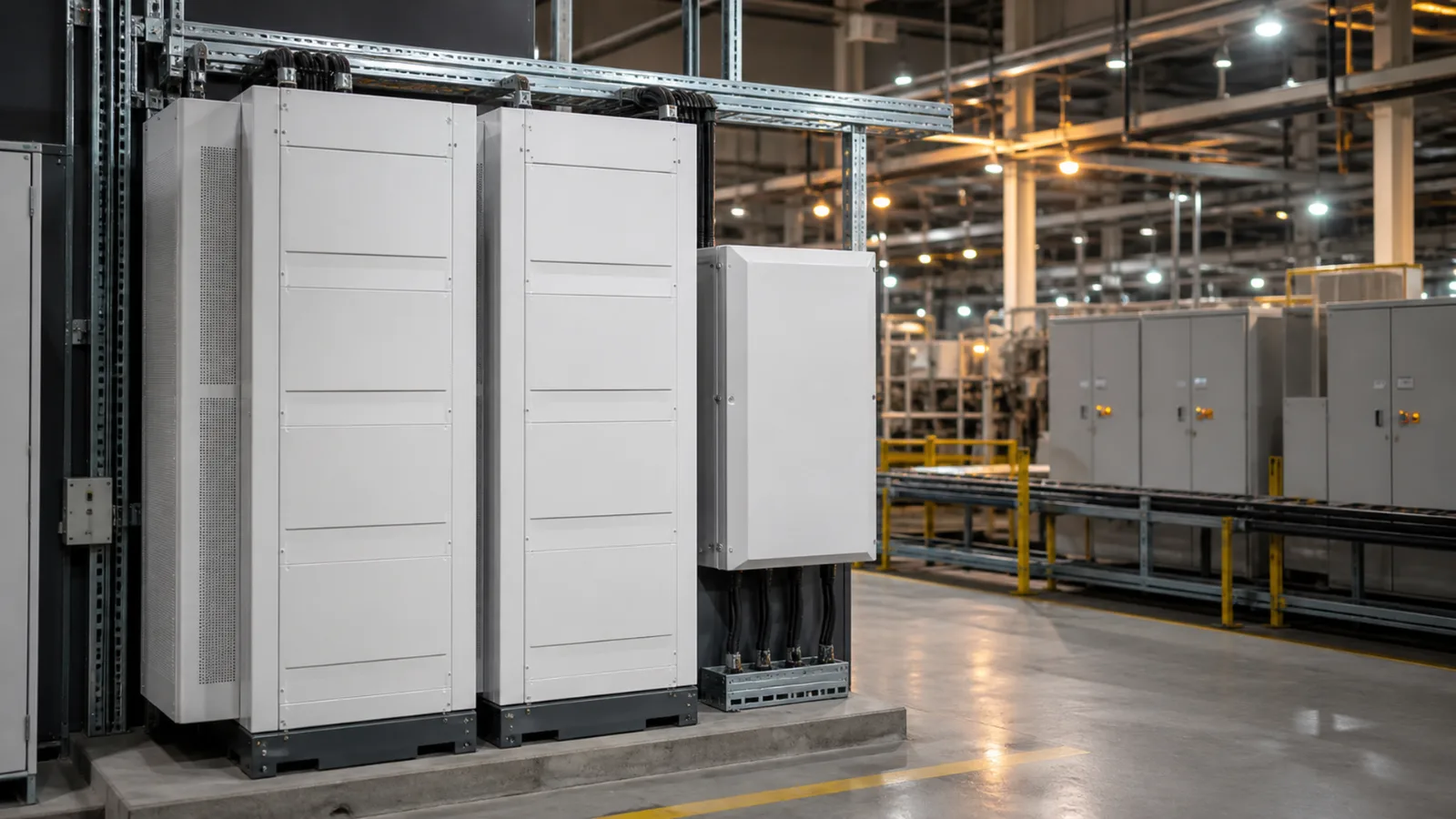 Sistema de armazenamento de energia em baterias instalado em ambiente industrial, com painéis elétricos e linha de produção ao fundo.
